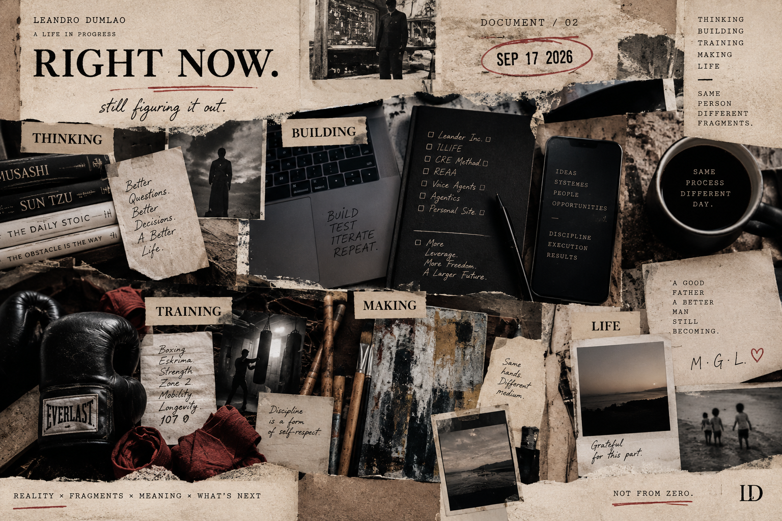 An archival collage titled Right Now, combining books, a workspace, boxing equipment, artwork and quiet life fragments.