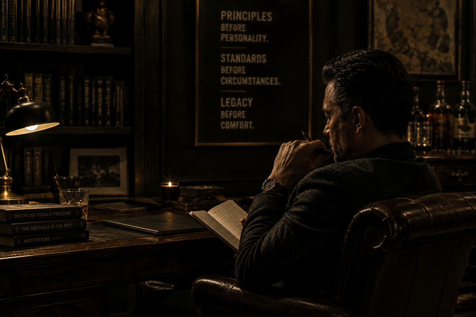 A conceptual editorial scene of a person reflecting at a desk