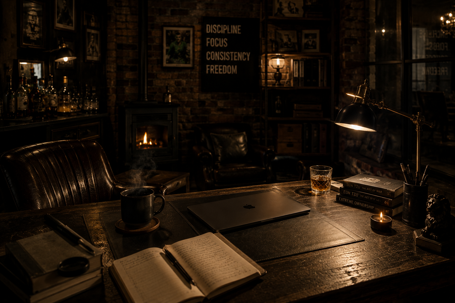 A dark workspace with a desk, notebook, books and warm lamplight